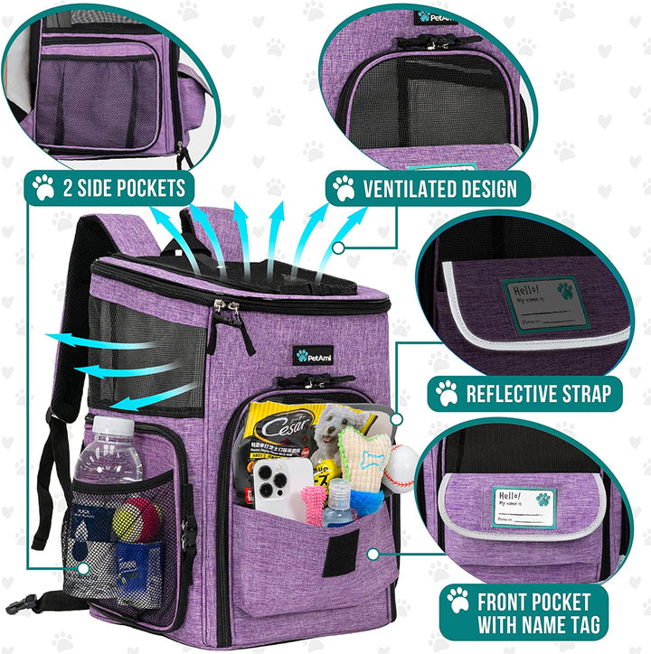 Airline Approved Dog & Cat Backpack Carrier - Ventilated Soft-Sided Pet Carrier for Travel, Hiking & Camping - Fits Pets Up to 18 lbs - Stylish Purple Design