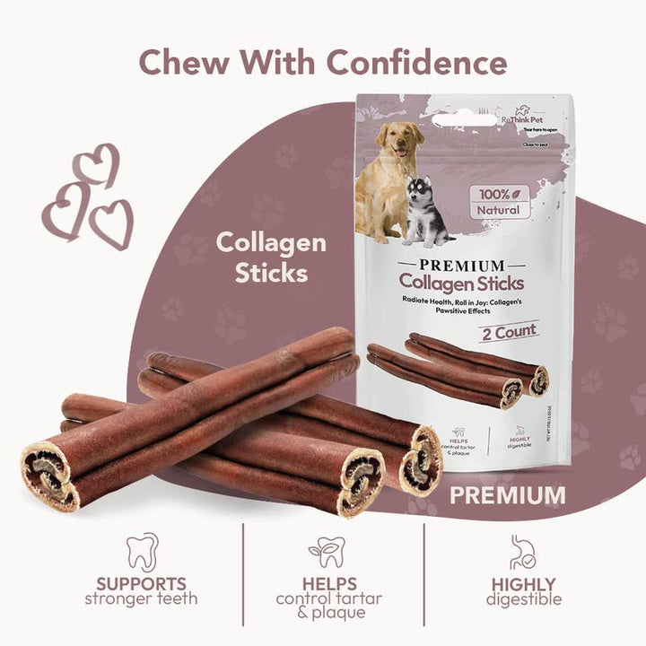 Rethink Pet Premium Beef Collagen Chew Sticks - 4 Pack for Joint & Skin Health, Long-Lasting Dog Treats (8 Pieces)