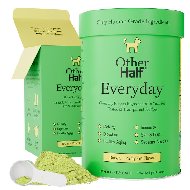 Other Half Everyday - Clean Dog Multivitamin Supplement | 45 Active Ingredients for Hip & Joint Support, Gut & Immune Support and Skin & Seasonal Allergy Support - 60 Scoops Bacon & Pumpkin Flavor