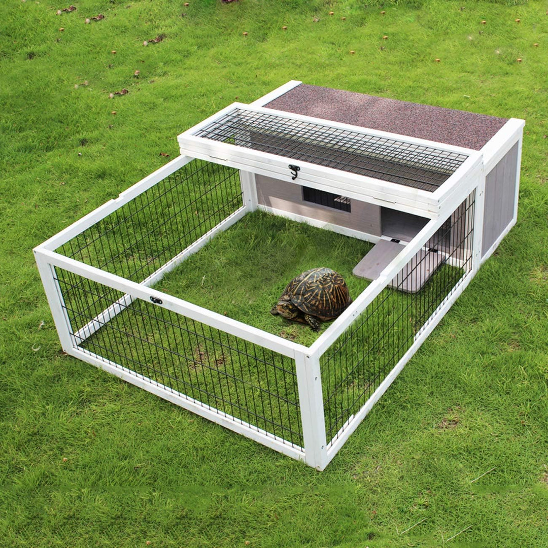 Stylish Wooden Tortoise House & Small Animal Hutch with Run - Indoor/Outdoor Grey & White Trim