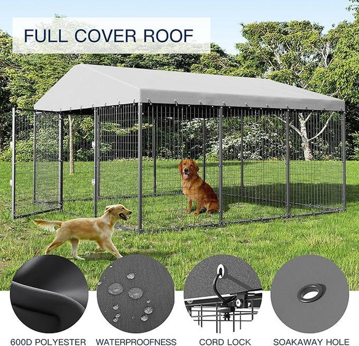 Kullavik Large Outdoor Dog Kennel, Chicken Kennel, 118" X 118" X 70.9", Heavy Duty Dog Cage, Chicken Cage with Roof, Galvanized Steel Dog Kennel Fence with Double Safety Lock
