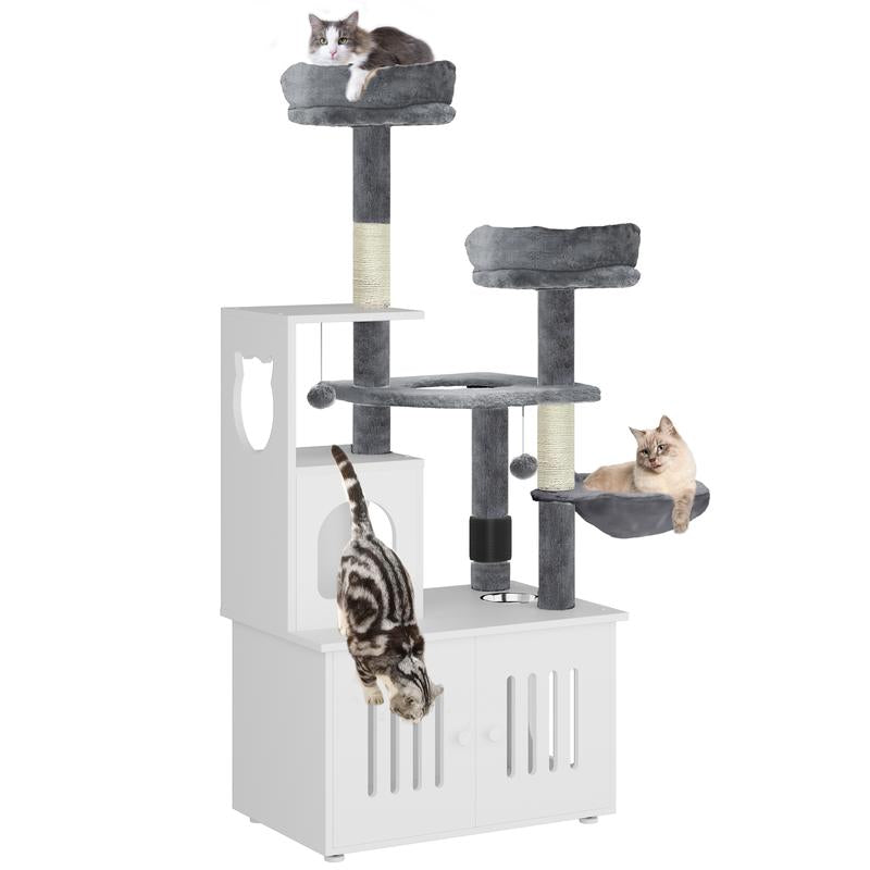 YITAHOME Cat Tree with Litter Box Enclosure, 2-In-1 Cat Furniture, Modern Cat Condo, Indoor Pet Tower with Food Station, Hammocks, Hair Brush