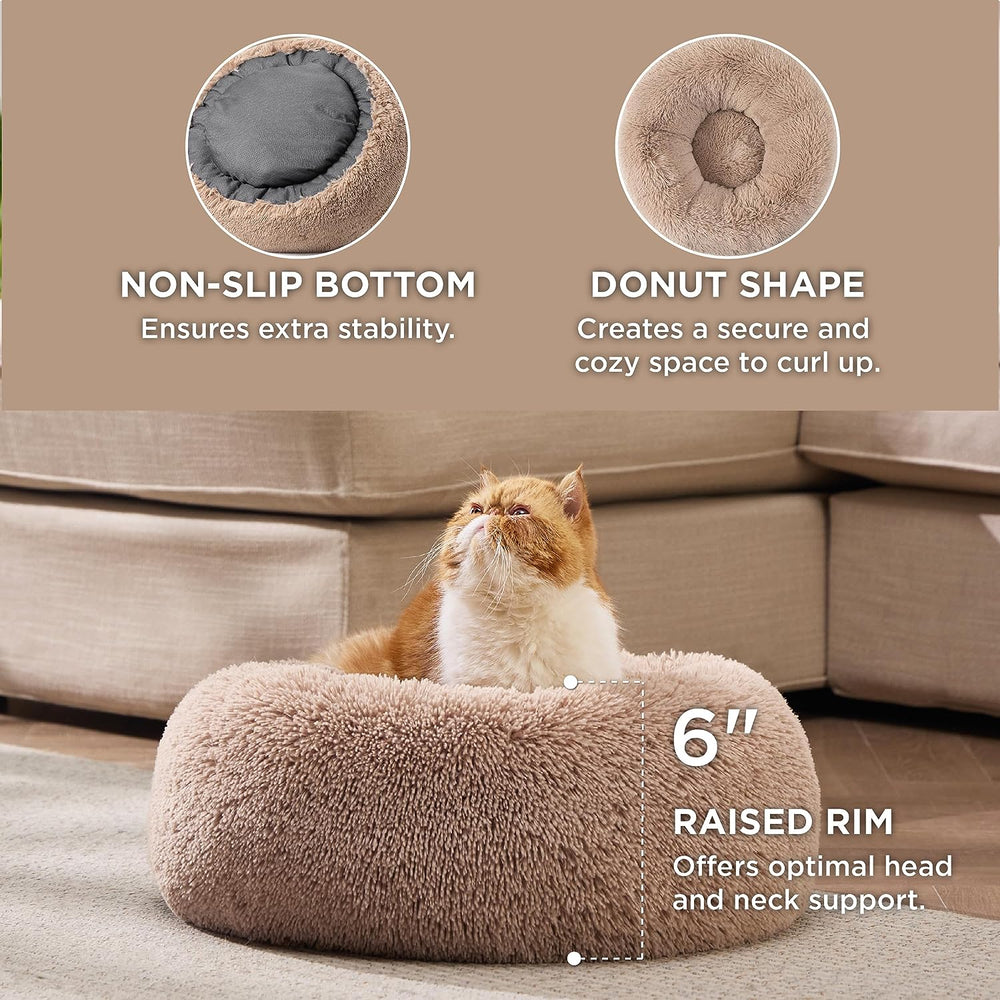 Cozy Camel Calming Cat Bed - Plush Washable Round Pet Bed for Indoor Cats, 20 Inches, Anti-Slip Design, Perfect for Cats Up to 15 lbs