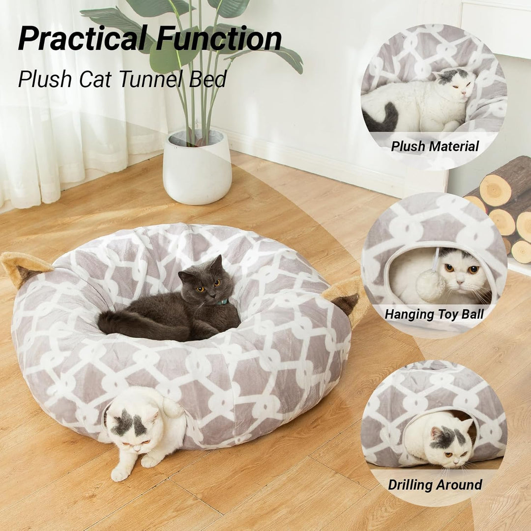 Cozy Cat Tunnel Bed with Plush Cover, Fluffy Toy Balls & Cushion - Flexible 3 Ft Design for Cats & Small Dogs - Stylish Gray Geometric Pattern