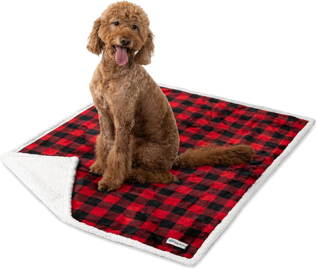 Reversible Waterproof Sherpa Fleece Dog Blanket - Leakproof Couch Cover for Medium to XL Dogs & Cats, Soft & Washable 80x60 Red Checker Plaid