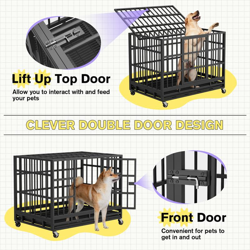 WARCAT Heavy-Duty 48/38-Inch Escape-Proof Metal Dog Crate Kennel for Large Breeds Dual-Door Security, Locking Casters & Slide-Out Tray Indoor/Outdoor Use Chicken Coop Mobile Hen House Outdoor