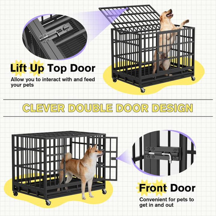 WARCAT Heavy-Duty 48/38-Inch Escape-Proof Metal Dog Crate Kennel for Large Breeds Dual-Door Security, Locking Casters & Slide-Out Tray Indoor/Outdoor Use Chicken Coop Mobile Hen House Outdoor
