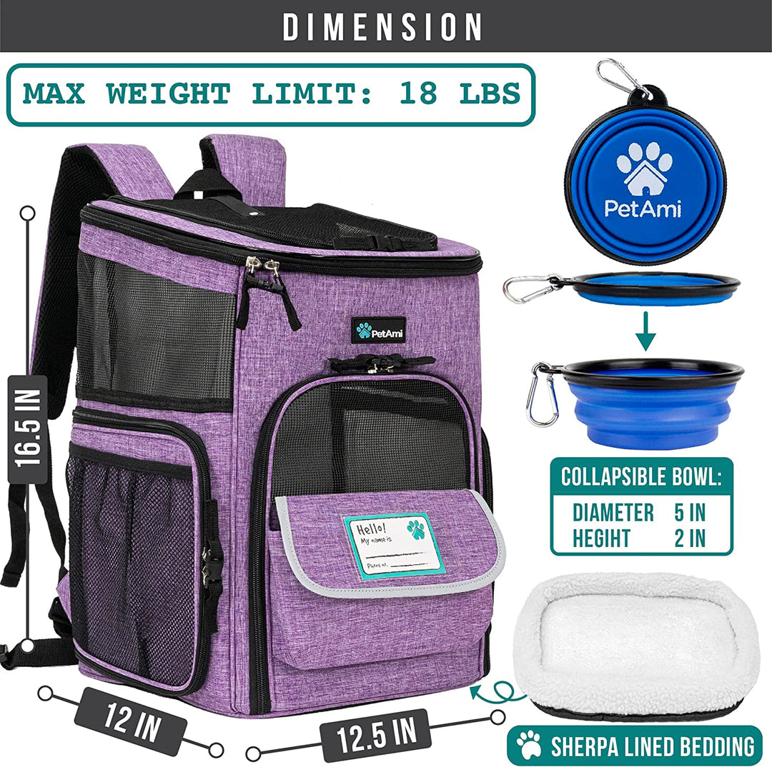 Airline Approved Dog & Cat Backpack Carrier - Ventilated Soft-Sided Pet Carrier for Travel, Hiking & Camping - Fits Pets Up to 18 lbs - Stylish Purple Design