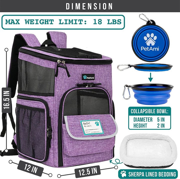Airline Approved Dog & Cat Backpack Carrier - Ventilated Soft-Sided Pet Carrier for Travel, Hiking & Camping - Fits Pets Up to 18 lbs - Stylish Purple Design