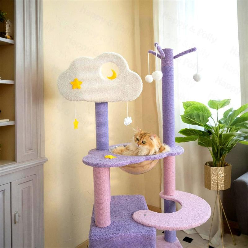 Petlife 65" Moonlight Deluxe Cat Tree Condo Jumbo, Multi-Color Purple, Multi-Level Platforms, Acrylic Hammock, Sisal Boards, Hanging Interactive Toys