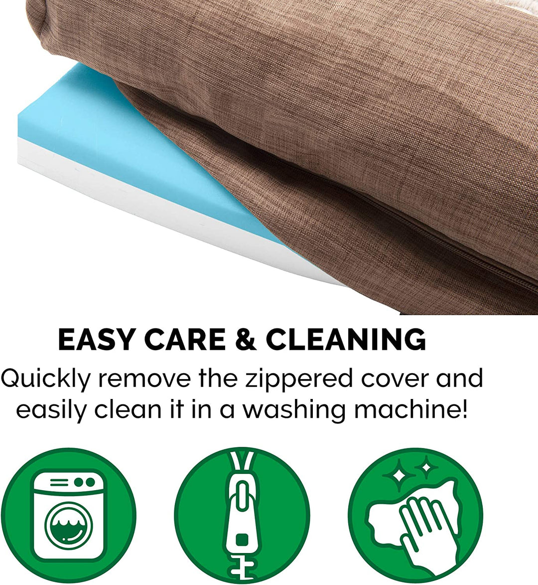 Luxury Cooling Gel Dog Bed with Removable Bolsters & Washable Cover - Perfect for Medium to Large Dogs up to 55 lbs - Stylish Woodsmoke Faux Fur & Performance Linen Design