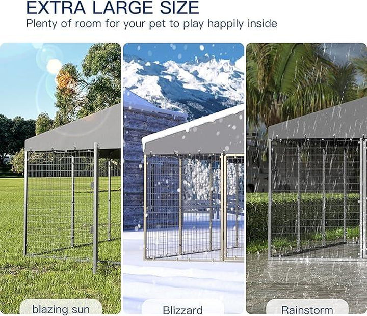Kullavik Large Outdoor Dog Kennel, Chicken Kennel, 118" X 118" X 70.9", Heavy Duty Dog Cage, Chicken Cage with Roof, Galvanized Steel Dog Kennel Fence with Double Safety Lock