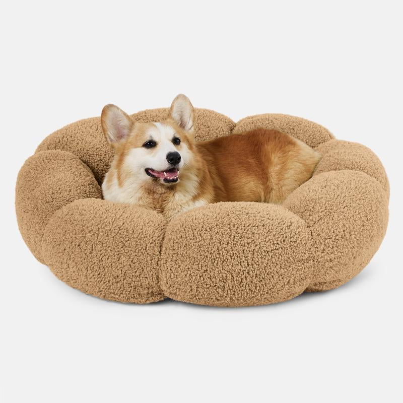Lesure Calming Flower Donut Bed - Plush Teddy Sherpa Round Dog Bed, Non-Slip & Machine Washable for Cozy Indoor Comfort