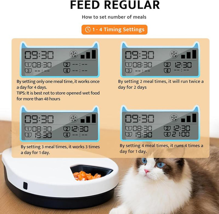 Ubpet Automatic Cat Feeder for Wet & Dry Food, 5-Meal Digital Dispenser with Semiconductor Cooling, 3 Cooling Modes, 24-Hour Freshness, Timed Feeding