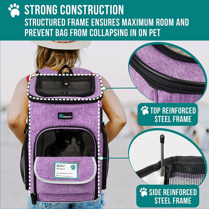 Airline Approved Dog & Cat Backpack Carrier - Ventilated Soft-Sided Pet Carrier for Travel, Hiking & Camping - Fits Pets Up to 18 lbs - Stylish Purple Design