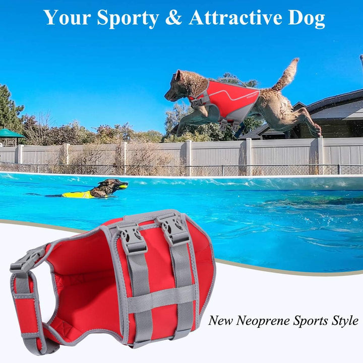 Lightweight Neoprene Dog Life Jacket - Perfect for Boating, Hunting & Swimming - Includes Leash Ring - Size M, Red