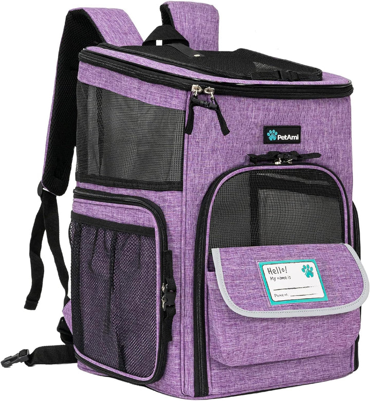 Airline Approved Dog & Cat Backpack Carrier - Ventilated Soft-Sided Pet Carrier for Travel, Hiking & Camping - Fits Pets Up to 18 lbs - Stylish Purple Design