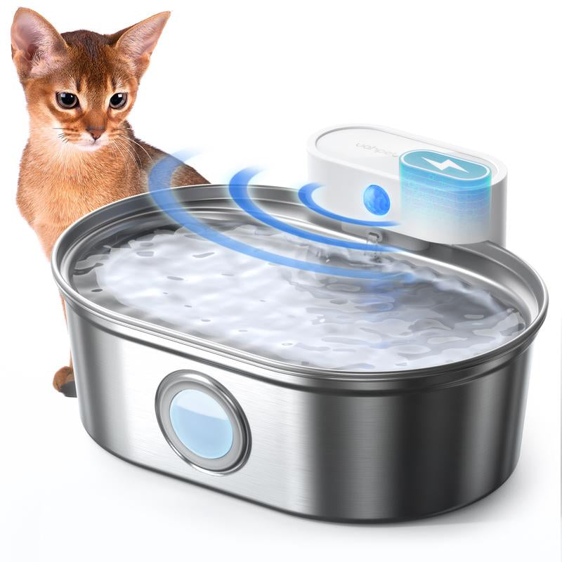 Uahpet Cordless Stainless Steel Cat Water Fountain - 67Oz/2L Easy-Clean Wireless Pet Water Dispenser