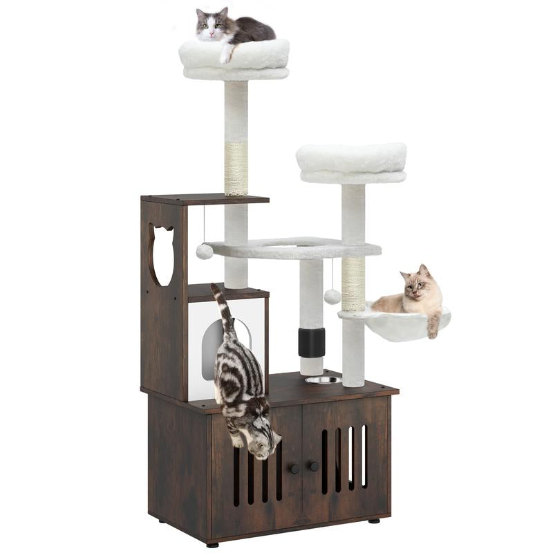 YITAHOME Cat Tree with Litter Box Enclosure, 2-In-1 Cat Furniture, Modern Cat Condo, Indoor Pet Tower with Food Station, Hammocks, Hair Brush