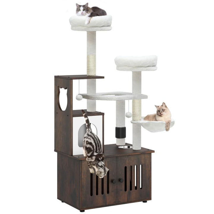 YITAHOME Cat Tree with Litter Box Enclosure, 2-In-1 Cat Furniture, Modern Cat Condo, Indoor Pet Tower with Food Station, Hammocks, Hair Brush