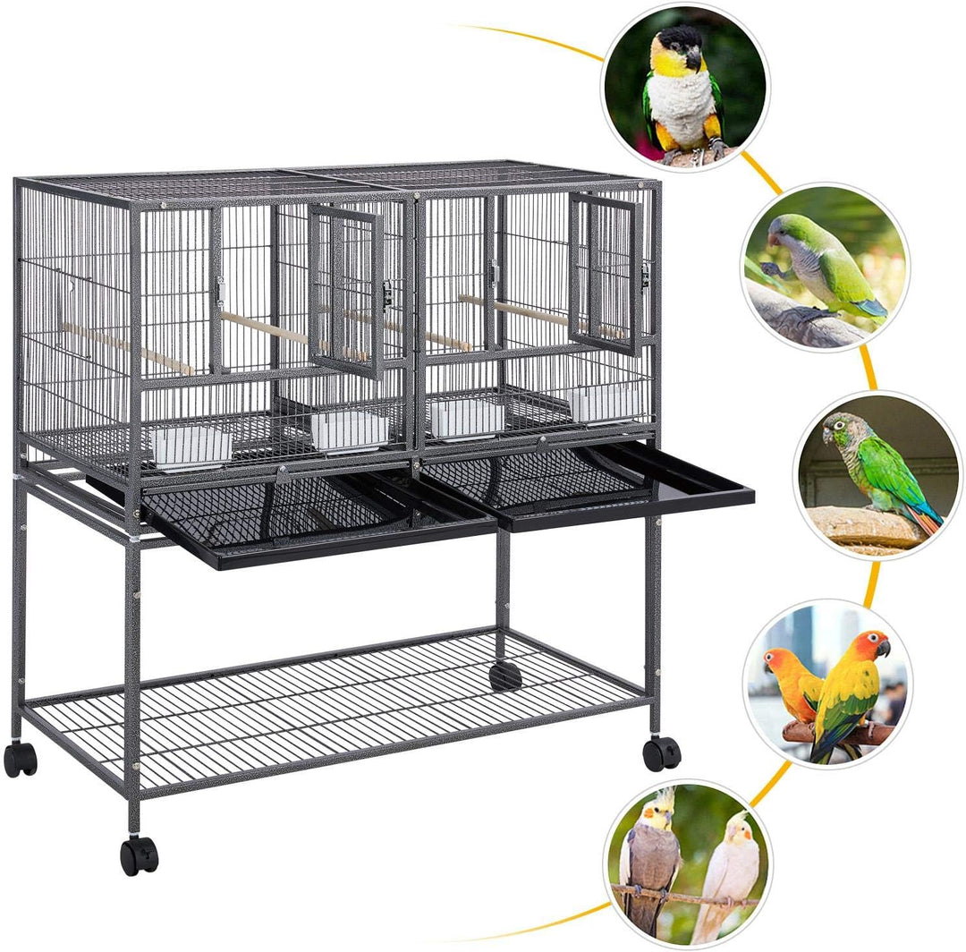 41.5" Stackable Divided Bird Cage with Rolling Stand - Perfect for Parakeets, Canaries, Cockatiels, Lovebirds, Finches, Budgies, and Small Parrots - Sleek Black Design