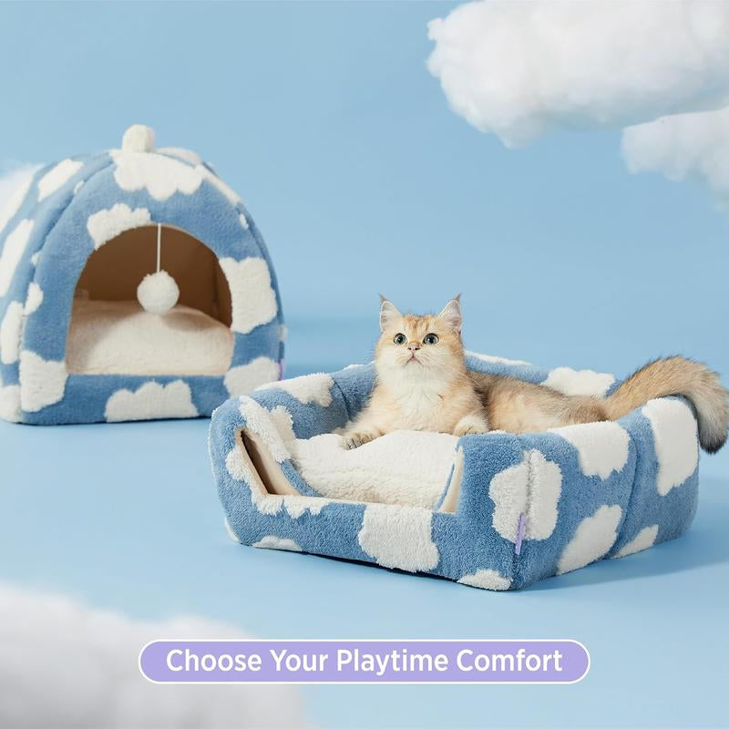 LESURE 2-in-1 Cozy Cat Cave Bed with Removable Washable Pillow - Cute Indoor Tent House for Cats, Portable Pet Supplies