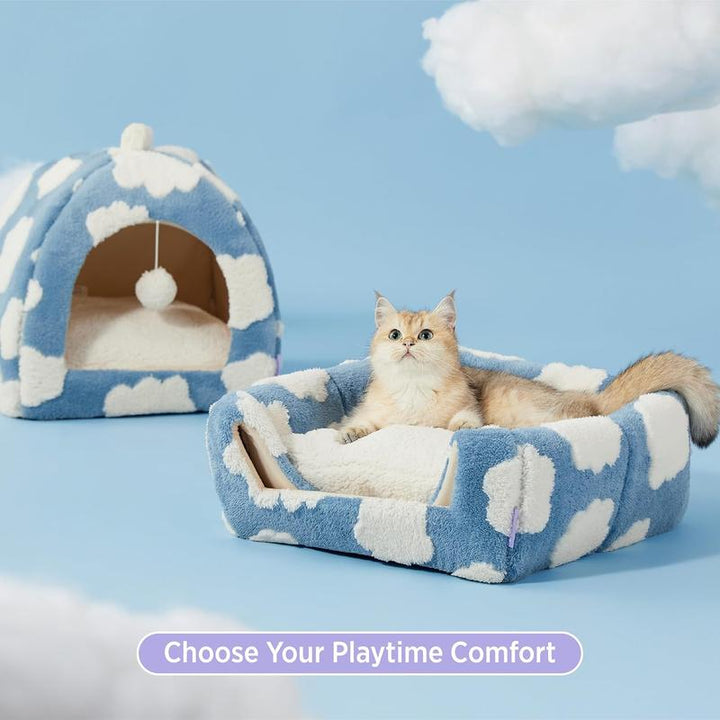 LESURE 2-in-1 Cozy Cat Cave Bed with Removable Washable Pillow - Cute Indoor Tent House for Cats, Portable Pet Supplies