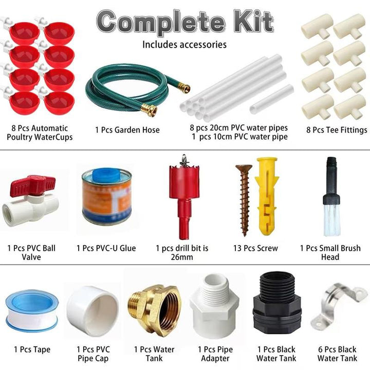 Ultimate Automatic Chicken Watering System - Complete DIY Kit with Water Cups, Feeder, and PVC Tee Pipe for Chickens, Ducks, and Quails