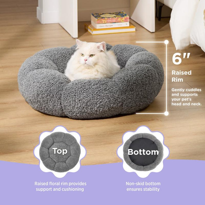 Lesure Calming Flower Donut Bed - Plush Teddy Sherpa Round Dog Bed, Non-Slip & Machine Washable for Cozy Indoor Comfort