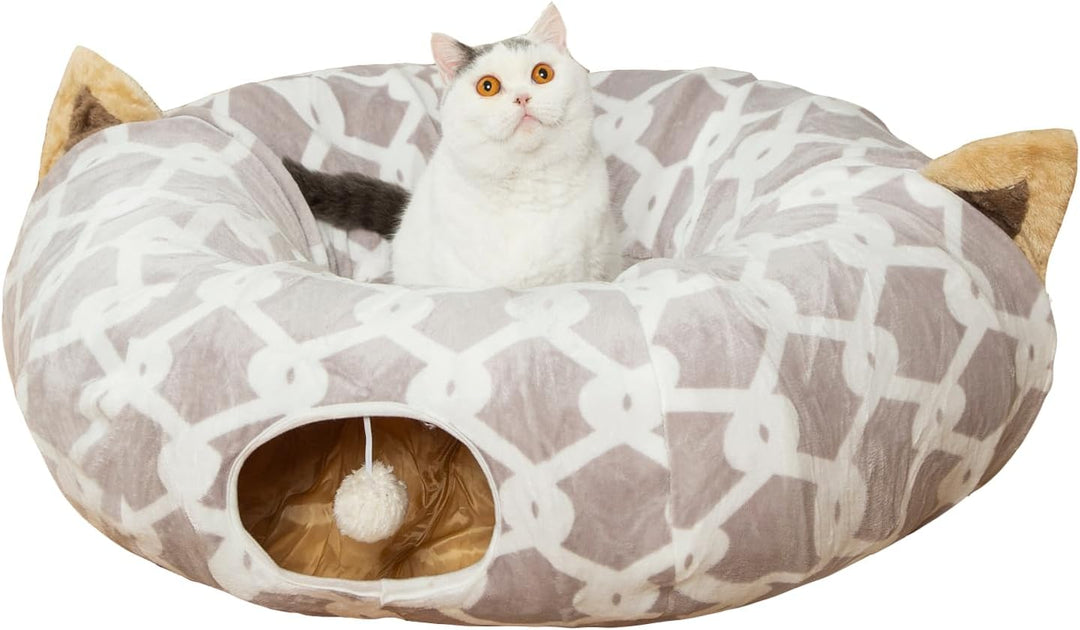 Cozy Cat Tunnel Bed with Plush Cover, Fluffy Toy Balls & Cushion - Flexible 3 Ft Design for Cats & Small Dogs - Stylish Gray Geometric Pattern