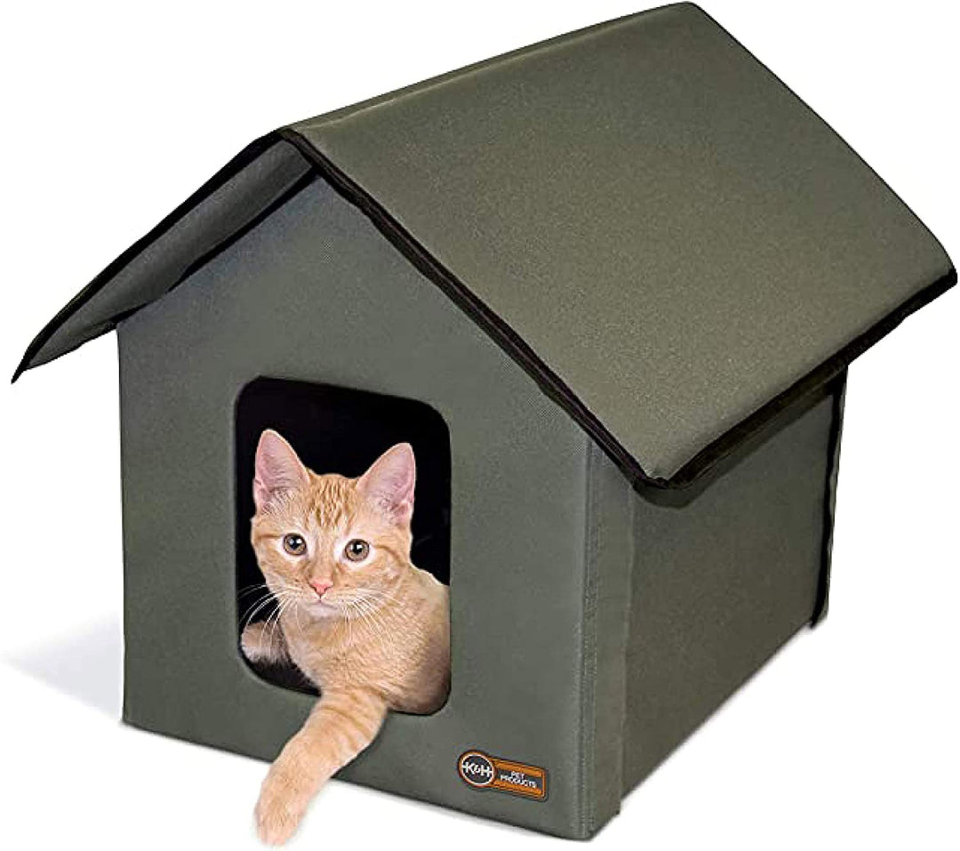 Weatherproof Outdoor Cat House - Insulated Shelter for Feral Cats with 2 Doors & Removable Waterproof Floor Pad - Olive Green