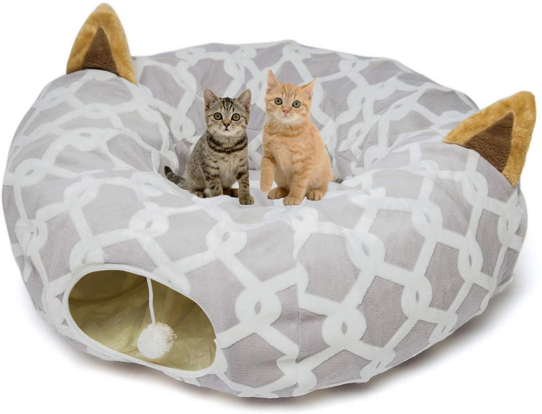 Cozy Cat Tunnel Bed with Plush Cover, Fluffy Toy Balls & Cushion - Flexible 3 Ft Design for Cats & Small Dogs - Stylish Gray Geometric Pattern