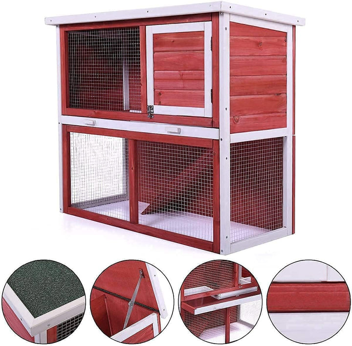 Deluxe Rabbit Hutch & Guinea Pig Cage - Indoor/Outdoor Pet House with Waterproof Roof & Easy Clean Pull-Out Tray (Red)