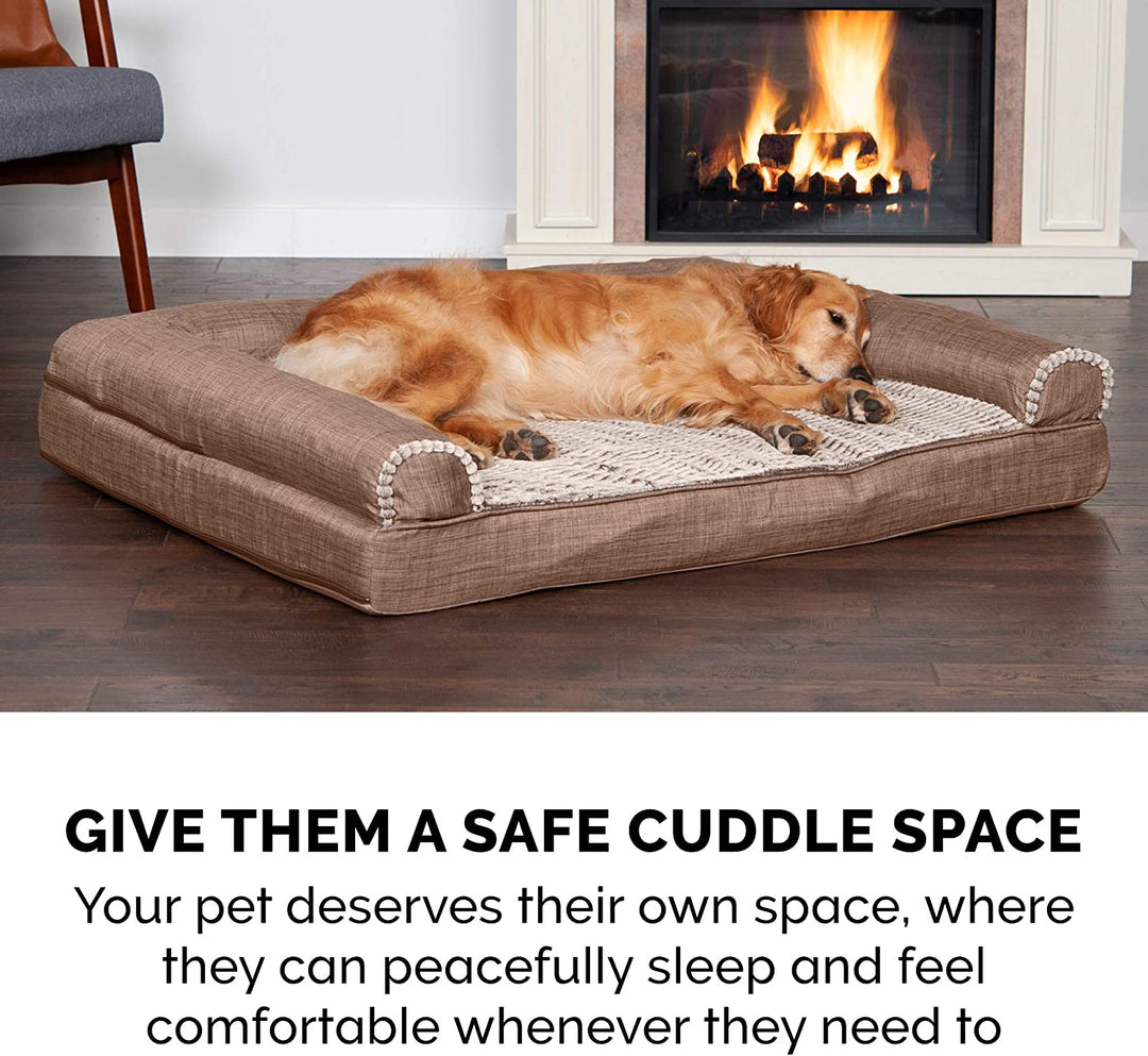 Luxury Cooling Gel Dog Bed with Removable Bolsters & Washable Cover - Perfect for Medium to Large Dogs up to 55 lbs - Stylish Woodsmoke Faux Fur & Performance Linen Design