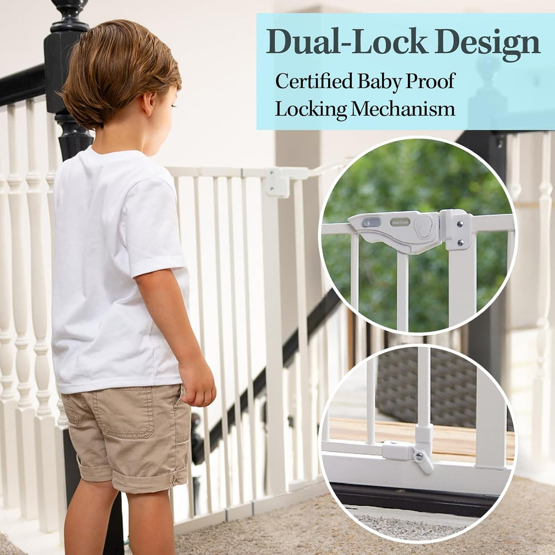 Auto-Close Baby Gate for Stairs - 29-39.6" Adjustable Safety Gate for Pets, One-Hand Opening, 30" Tall, No Drill Wall Pressure Mount - White