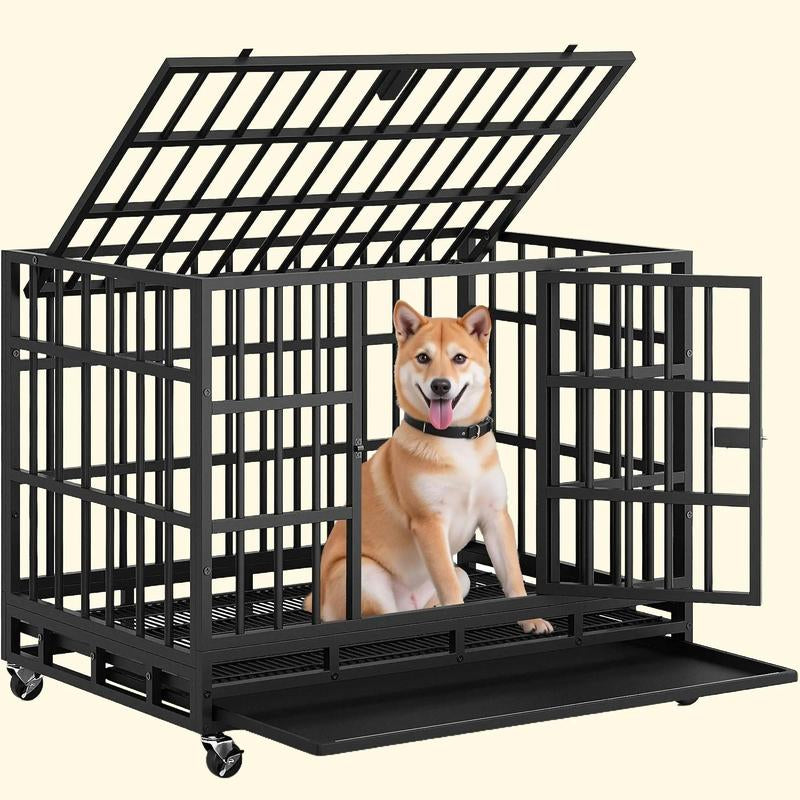WARCAT Heavy-Duty 48/38-Inch Escape-Proof Metal Dog Crate Kennel for Large Breeds Dual-Door Security, Locking Casters & Slide-Out Tray Indoor/Outdoor Use Chicken Coop Mobile Hen House Outdoor