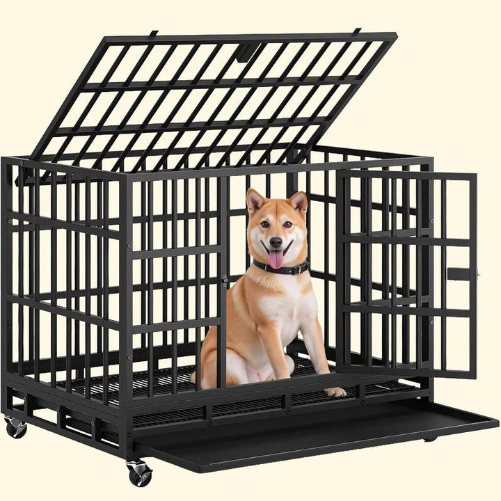 WARCAT Heavy-Duty 48/38-Inch Escape-Proof Metal Dog Crate Kennel for Large Breeds Dual-Door Security, Locking Casters & Slide-Out Tray Indoor/Outdoor Use Chicken Coop Mobile Hen House Outdoor
