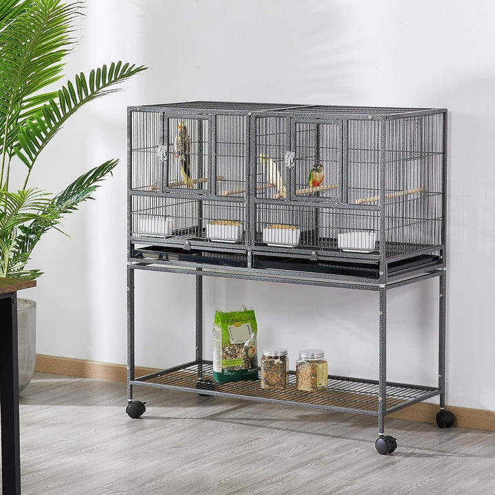 41.5" Stackable Divided Bird Cage with Rolling Stand - Perfect for Parakeets, Canaries, Cockatiels, Lovebirds, Finches, Budgies, and Small Parrots - Sleek Black Design