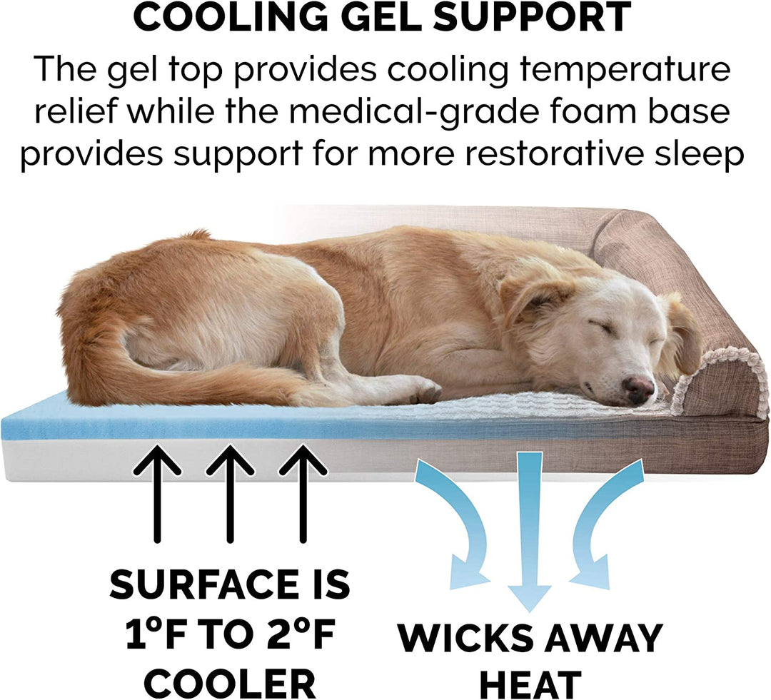 Luxury Cooling Gel Dog Bed with Removable Bolsters & Washable Cover - Perfect for Medium to Large Dogs up to 55 lbs - Stylish Woodsmoke Faux Fur & Performance Linen Design