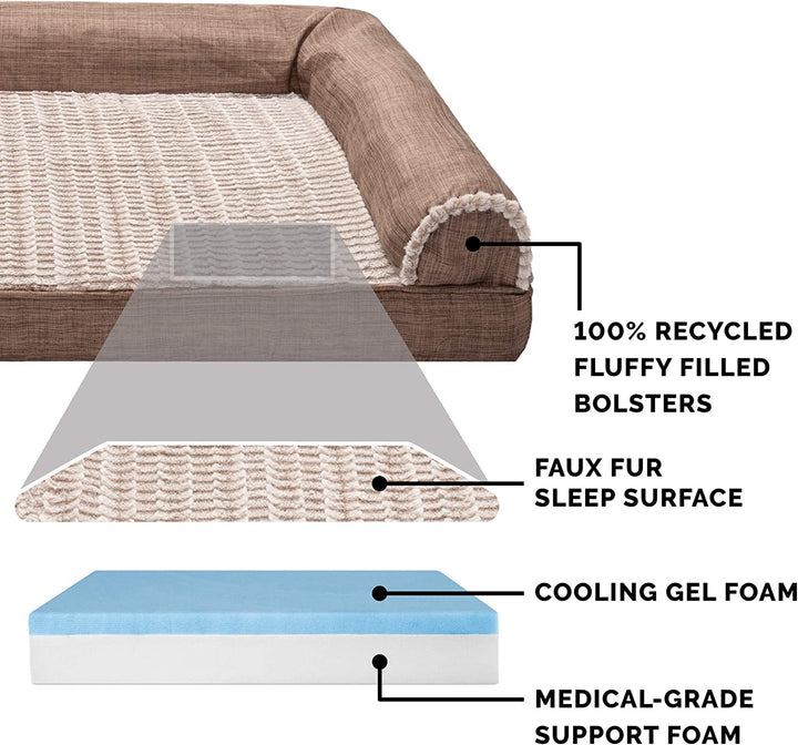 Luxury Cooling Gel Dog Bed with Removable Bolsters & Washable Cover - Perfect for Medium to Large Dogs up to 55 lbs - Stylish Woodsmoke Faux Fur & Performance Linen Design