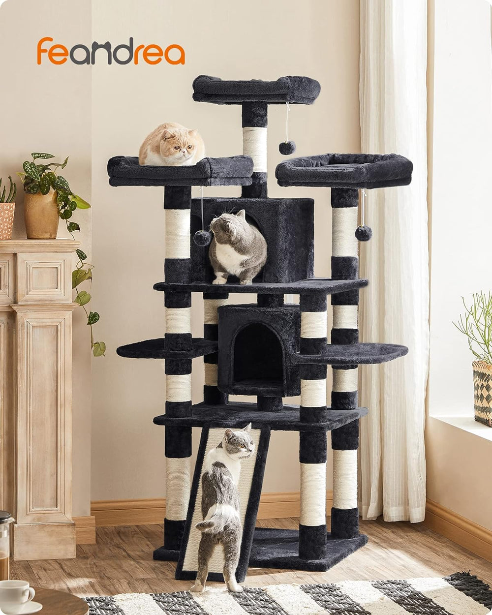 Luxurious 67-Inch Multi-Level Cat Tree for Large Cats - Cozy Perches & Sturdy Design in Smoky Gray