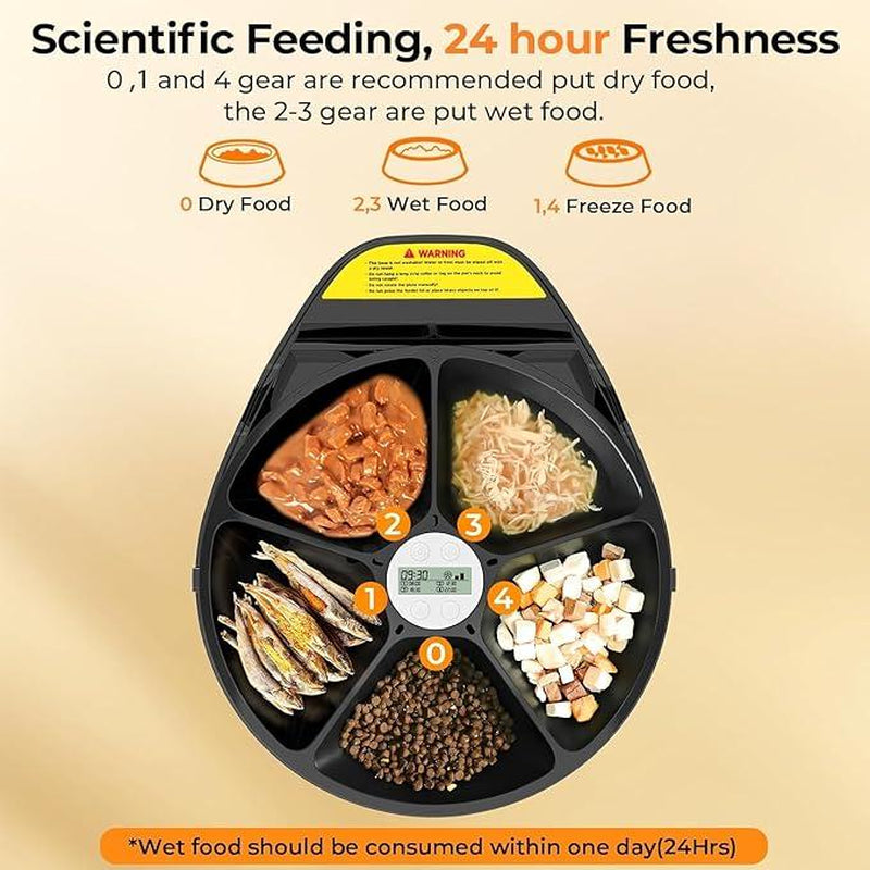 Ubpet Automatic Cat Feeder for Wet & Dry Food, 5-Meal Digital Dispenser with Semiconductor Cooling, 3 Cooling Modes, 24-Hour Freshness, Timed Feeding