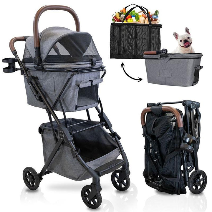 Strolee Luxury Pet Stroller V3 – Complete Travel System & Personal Shopping Cart –Quick Clip Bassinet Canopy, Lightweight Aluminum Frame – Ultra Compact Fold- Water Resistant Removable Carrier