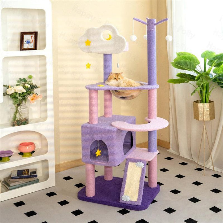 Petlife 65" Moonlight Deluxe Cat Tree Condo Jumbo, Multi-Color Purple, Multi-Level Platforms, Acrylic Hammock, Sisal Boards, Hanging Interactive Toys