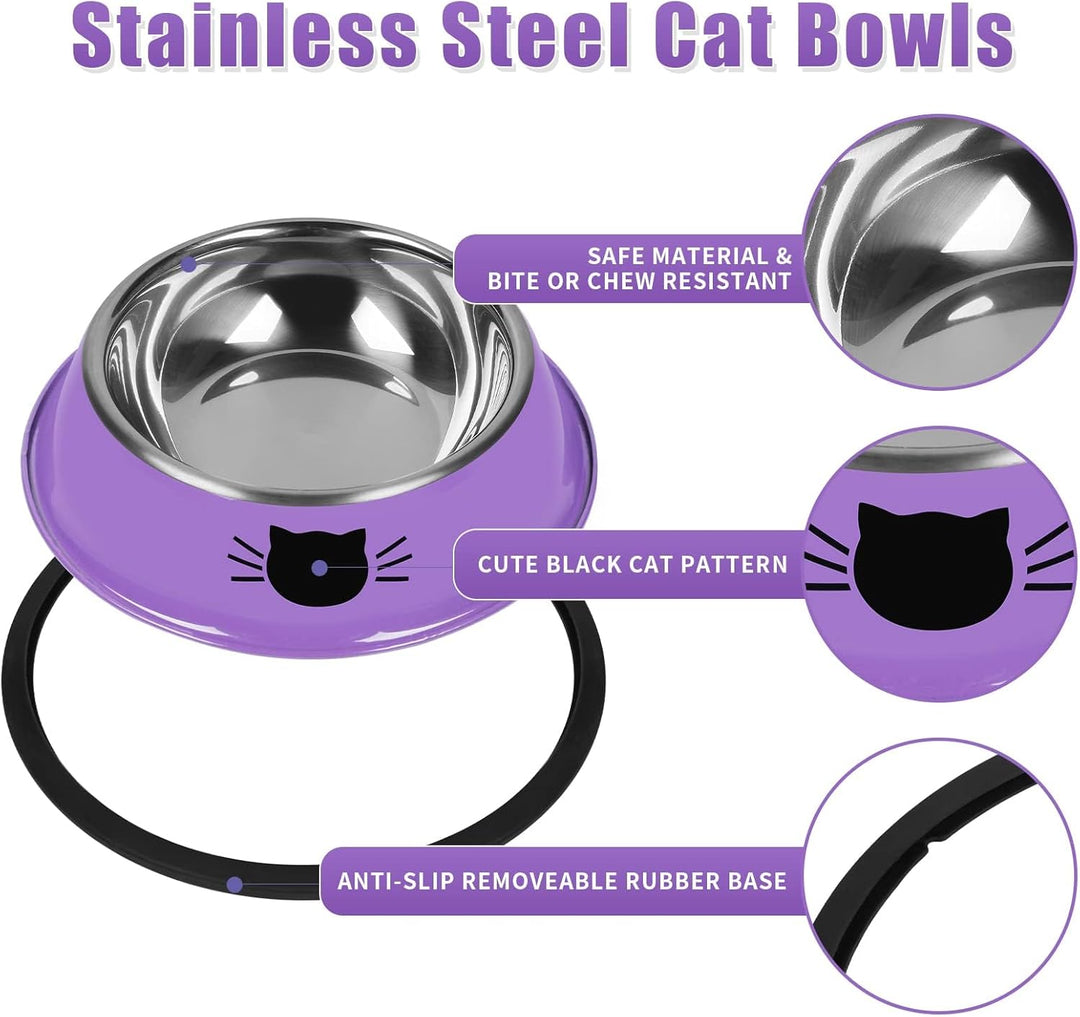 Stylish Non-Slip Stainless Steel Cat Bowls - 2 Pack, 7 Oz Unbreakable with Removable Rubber Base, Easy to Clean for Small Pets