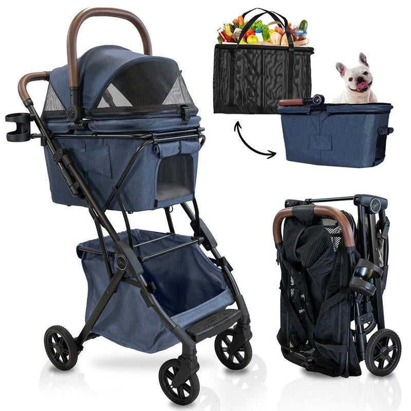 Strolee Luxury Pet Stroller V3 – Complete Travel System & Personal Shopping Cart –Quick Clip Bassinet Canopy, Lightweight Aluminum Frame – Ultra Compact Fold- Water Resistant Removable Carrier