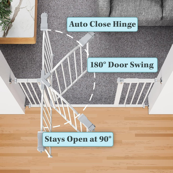 Auto-Close Baby Gate for Stairs - 29-39.6" Adjustable Safety Gate for Pets, One-Hand Opening, 30" Tall, No Drill Wall Pressure Mount - White