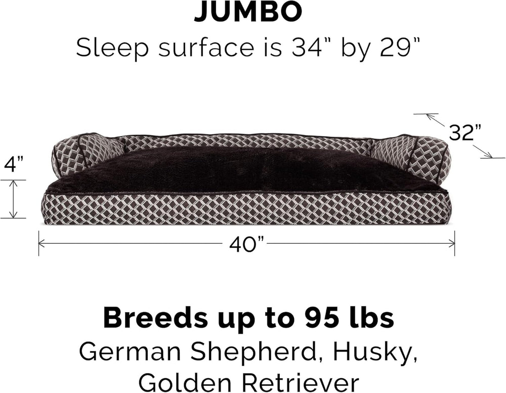 Jumbo XL Plush Dog Bed with Removable Bolsters & Washable Cover - Stylish Diamond Brown Couch for Large Dogs