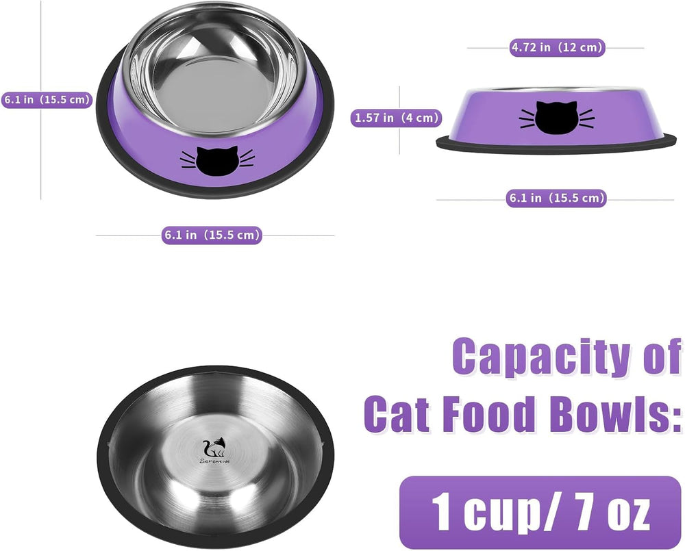 Stylish Non-Slip Stainless Steel Cat Bowls - 2 Pack, 7 Oz Unbreakable with Removable Rubber Base, Easy to Clean for Small Pets