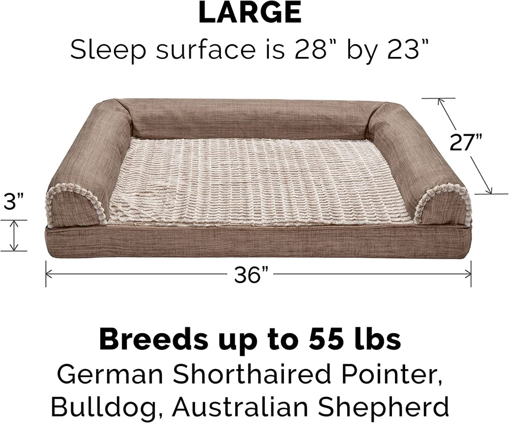 Luxury Cooling Gel Dog Bed with Removable Bolsters & Washable Cover - Perfect for Medium to Large Dogs up to 55 lbs - Stylish Woodsmoke Faux Fur & Performance Linen Design